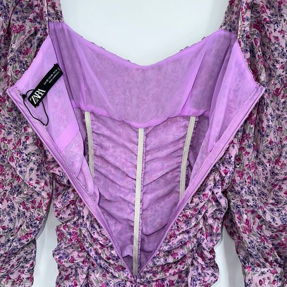 ZARA Floral Print Draped Long Sleeve Ruffle Mini Dress Bloggers Fav Pink/ Purple - Picture 9 of 12
